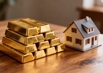 Lingots d'or et maison miniature sur une table en bois.