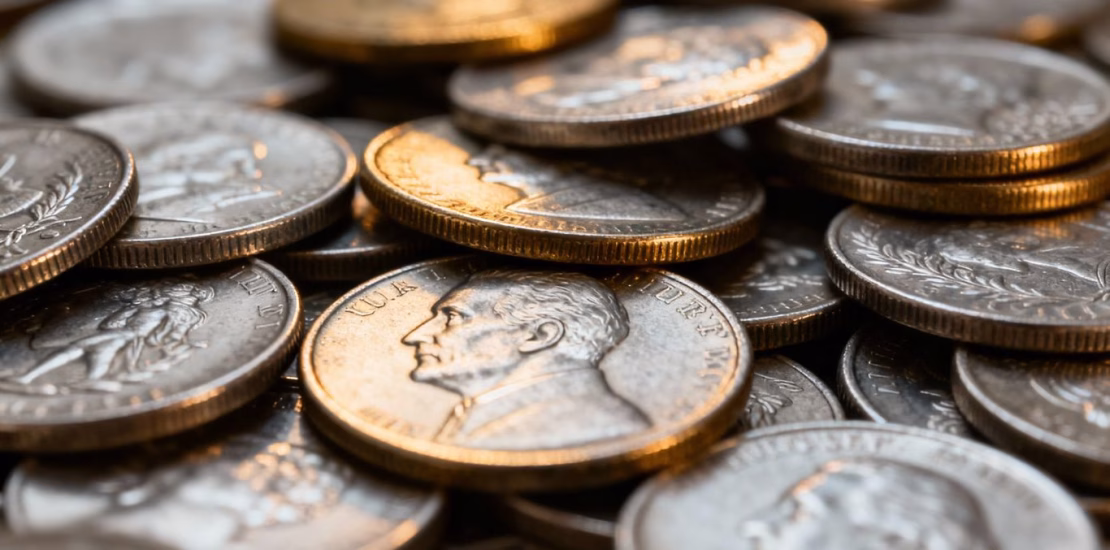 عملات فضية مكدسة، صورة مقربة، بريق معدني.