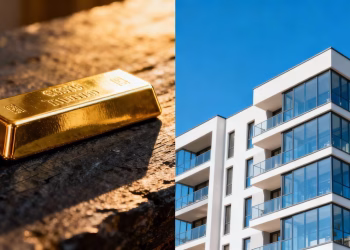 Or et immeuble moderne, symboles d'investissement en temps de crise.