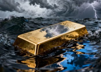 Lingot d'or dans l'eau agitée sous un ciel orageux.