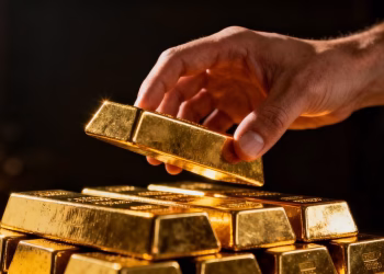 Main d'or tenant une barre d'or au-dessus d'autres barres.