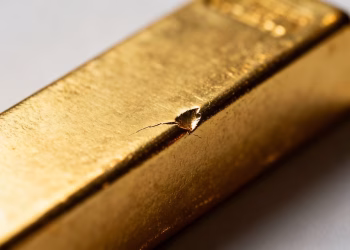 Lingot d'or rayé et cabossé, gros plan.