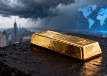 Lingot d'or sur fond de carte du monde et de ciel orageux.