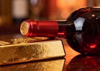 Barre d'or et bouteille de vin rouge.
