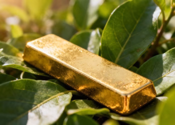 Lingot d'or sur fond de feuilles vertes.