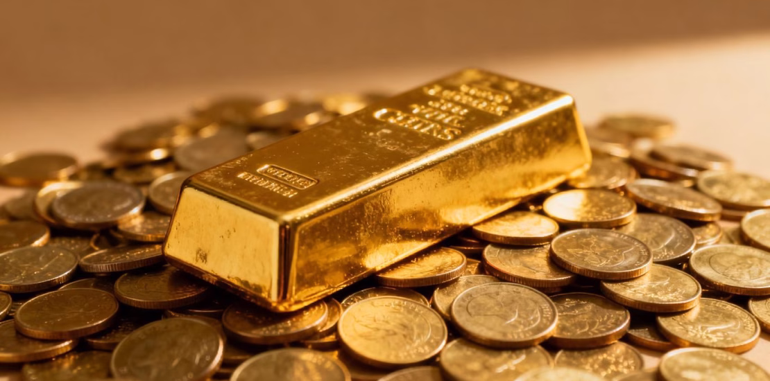 Lingot d'or sur des pièces d'or.