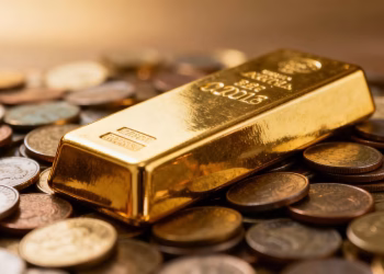 Barre d'or sur des pièces de monnaie, symbole de patrimoine.