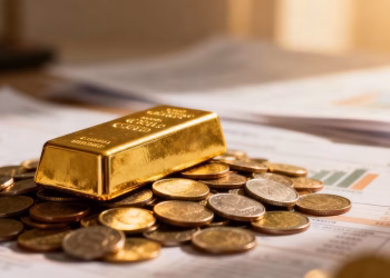 Lingot d'or sur des pièces, symbolisant la richesse et la stabilité.