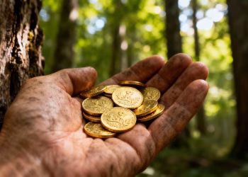 Pièces d'or et forêt verdoyante, symbole de diversification patrimoniale.