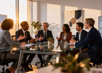 Personnes discutant dans un bureau moderne, lumière du soleil.