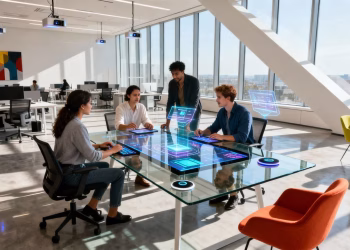 Professionnels collaborant dans un bureau moderne et lumineux.