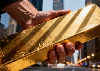 Main d'investisseur tenant une barre d'or devant un paysage urbain.