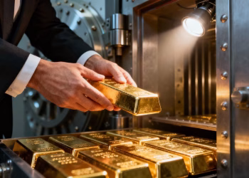 Personne rangeant des lingots d'or dans un coffre-fort.