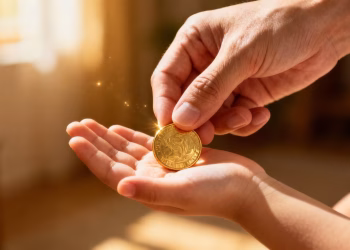 Main dorée transmettant une pièce d'or à une main d'enfant.