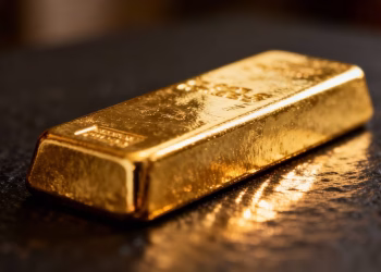Lingot d'or brillant sur fond sombre.