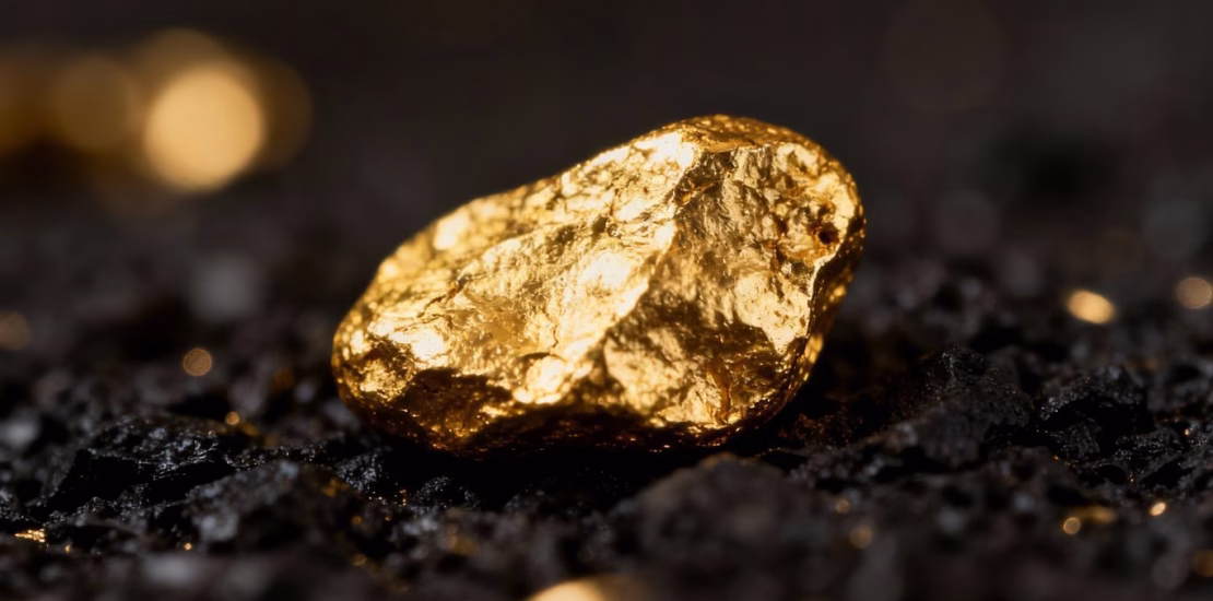 Nugget d'or brillant sur fond sombre.