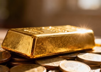 Lingot d'or sur des pièces, reflétant la lumière.