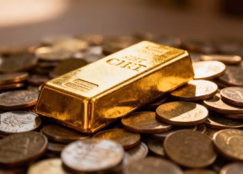 Barre d'or et pièces de monnaie, symbole de valeur refuge.