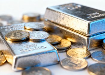Pièces et lingots d'argent brillant dans un portefeuille.