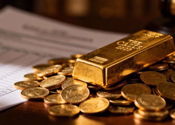 Barre d'or sur des pièces d'or, succession.