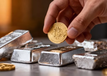Main d'or tenant une pièce d'or, métaux précieux.
