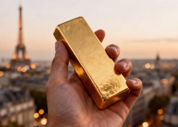 Main d'expert tenant une barre d'or devant Paris.