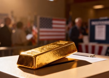 Lingot d'or avec fond politique flou.