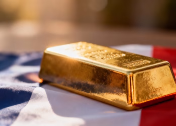 Lingot d'or sur fond de drapeau français.