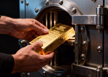 Mains transportant une barre d'or dans un coffre-fort.