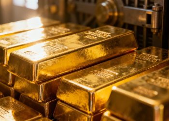 Lingots d'or brillants dans un coffre-fort.