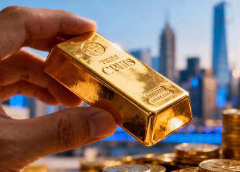 Barre d'or brillante dans une main, symbole d'investissement.