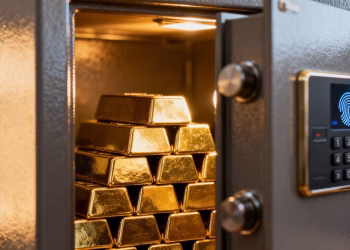 Coffre-fort biométrique avec des lingots d'or à l'intérieur.