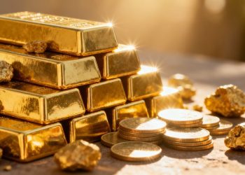 Lingots et pièces d'or brillants sous la lumière.