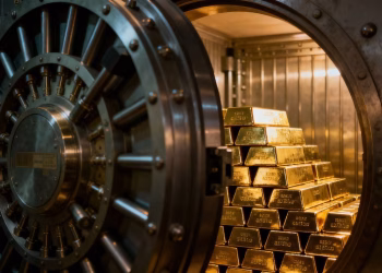 Banque centrale stockant des lingots d'or dans un coffre-fort.