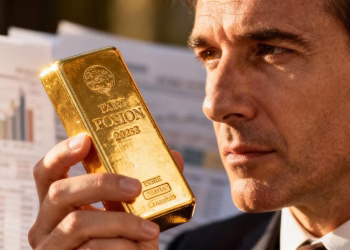 Investisseur français examinant une barre d'or.