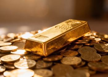 Lingots d'or et pièces d'or sous la lumière.