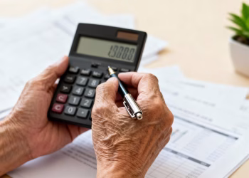 Main d'une personne tenant une calculatrice et un stylo.