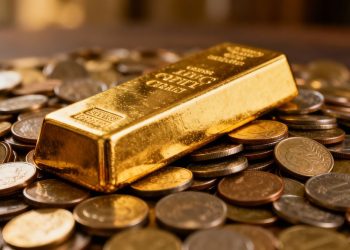 Barre d'or sur des pièces de monnaie.