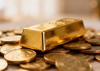 Lingot d'or sur des pièces d'or pour la diversification.