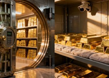 Coffres-forts de banque et d'une société spécialisée avec des lingots d'or.