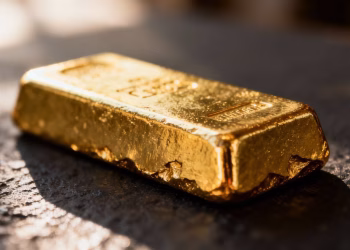 Lingot d'or brillant sur fond sombre.