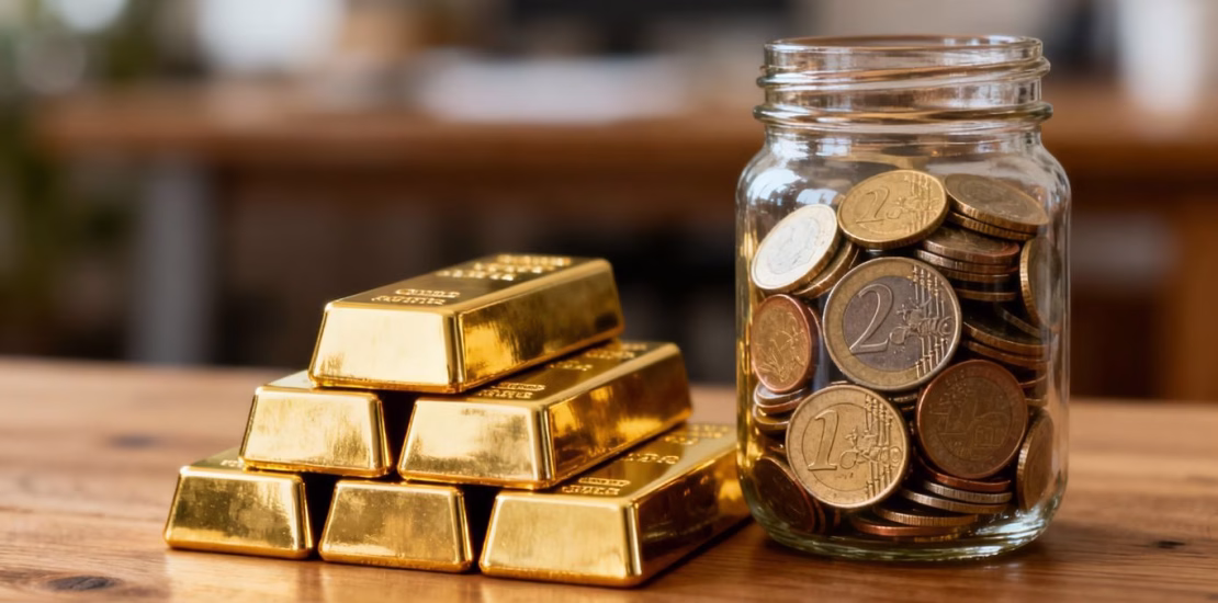 Lingots d'or et bocal de pièces en euros sur table