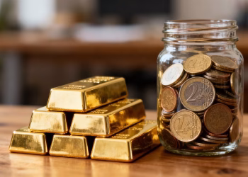 Lingots d'or et bocal de pièces en euros sur table
