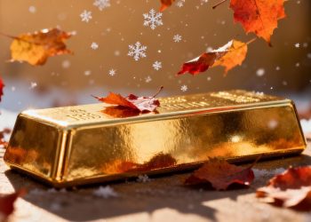 Lingot d'or avec des feuilles d'automne ou des flocons de neige.