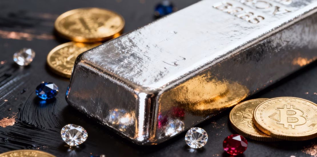 Barre d'argent, pièces d'or et pierres précieuses.