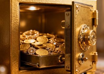 Coffre-fort en or ouvert avec des pièces et des bijoux.