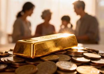 Barre d'or sur des pièces, symbolisant l'investissement et la succession.