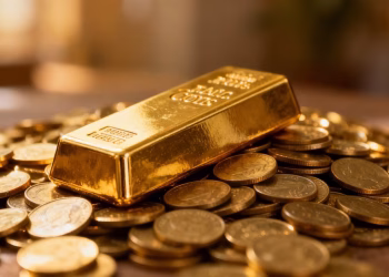Barre d'or sur des pièces d'or, lumière dorée.