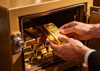 Mains plaçant des lingots d'or dans un coffre-fort sécurisé.