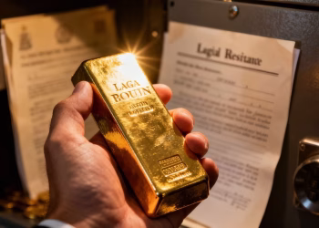 Main d'héritier tenant une barre d'or physique.